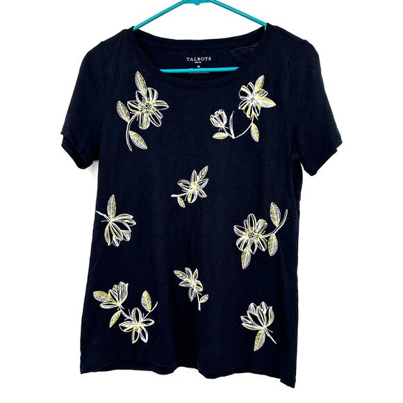 Talbots Size Small Petite Black T-Shirt Embroidered White Yellow Flower Print - Picture 1 of 3